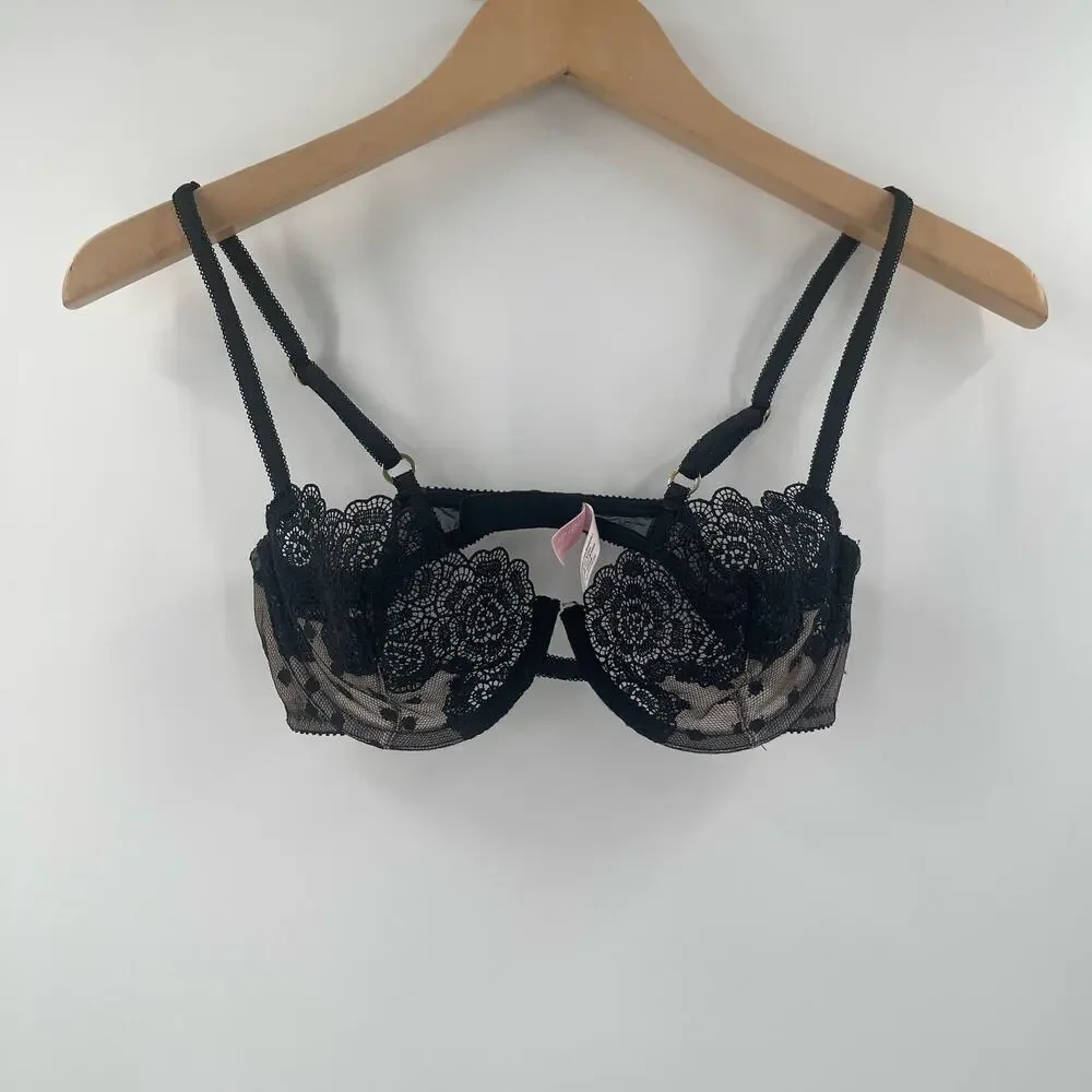 VICTORIA'S SECRET Bra Size 34B Very Sexy Y2K 2000s Balconet Lace Mesh Lingerie